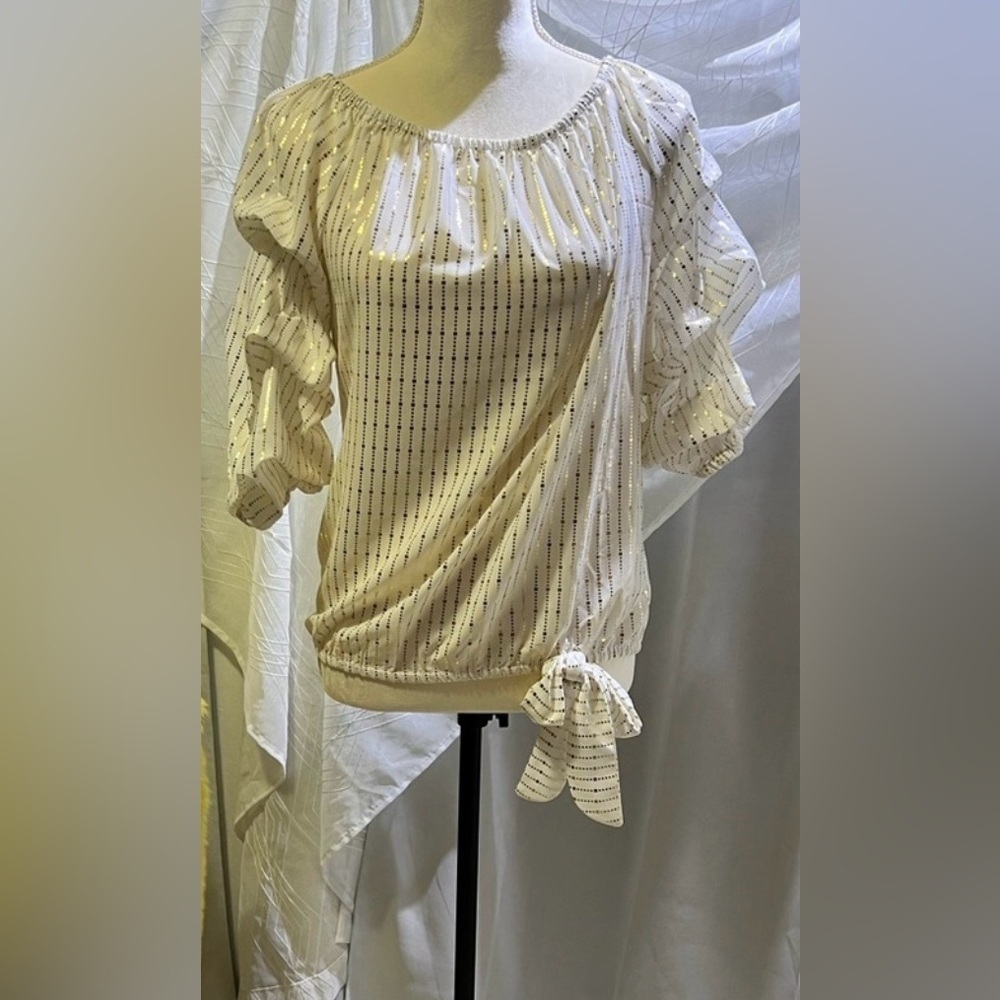 CeCe Cream Blouse with Stripe Gold  and  Bow Detail